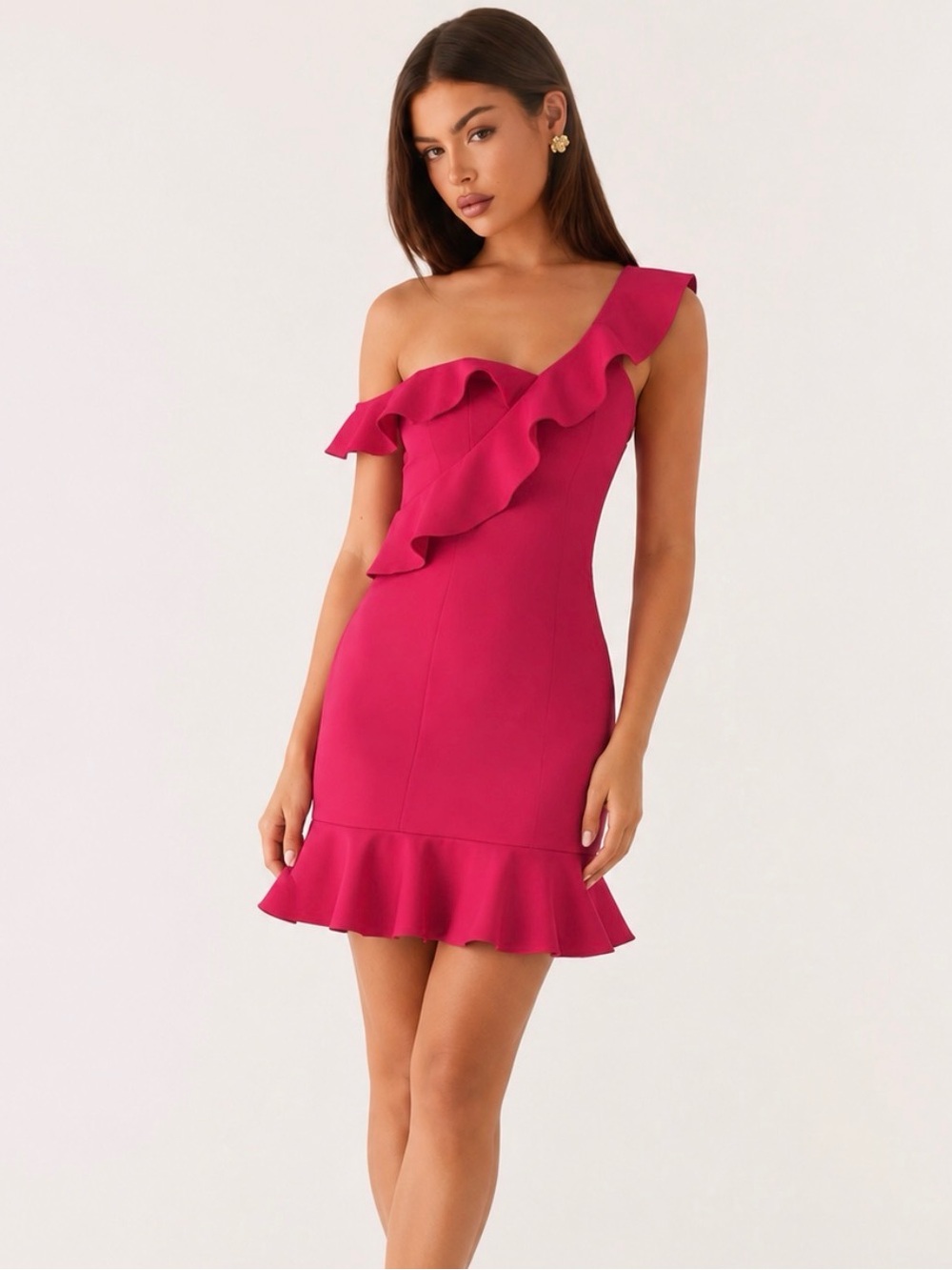 NWT Likely One-Shoulder Ruffle Mini Dress in Fuchsia Pink Size 6